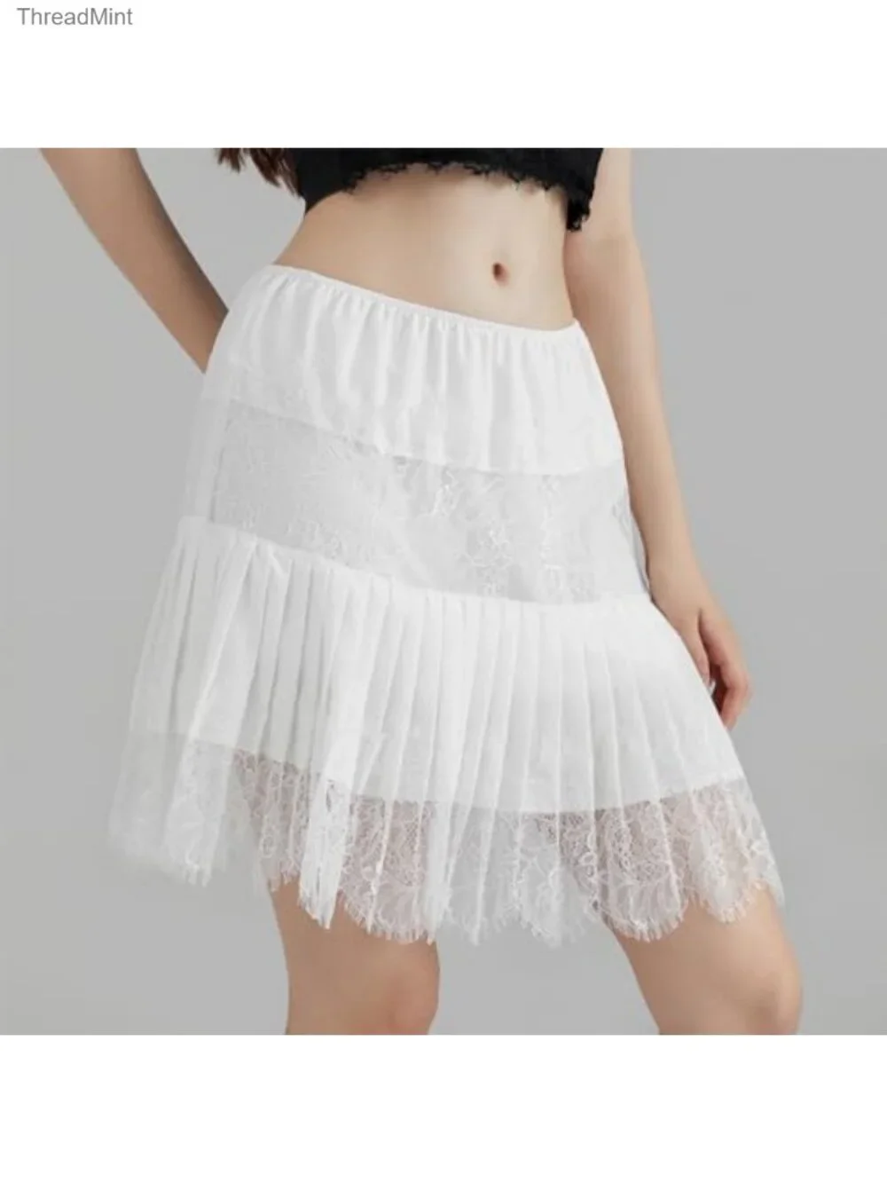Women Lace Slip Skirt Mini Ruffle Pleated Flowy Y2k Short Skirt